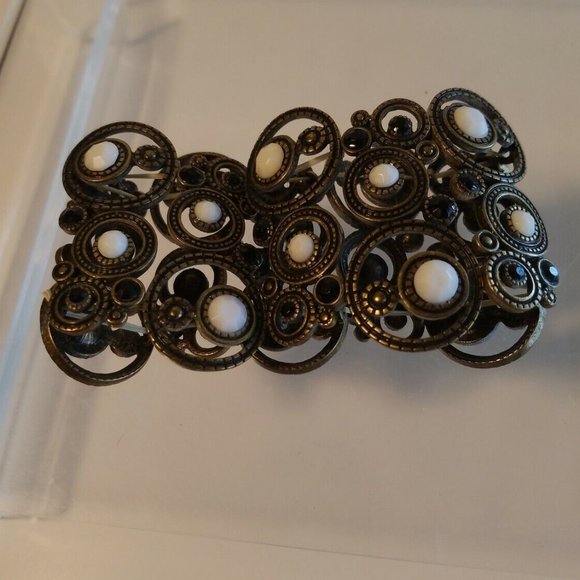 Vintage brass tone Wide Stretch Bracelet w/Black-White opaque rhinestones - Picture 5 of 8